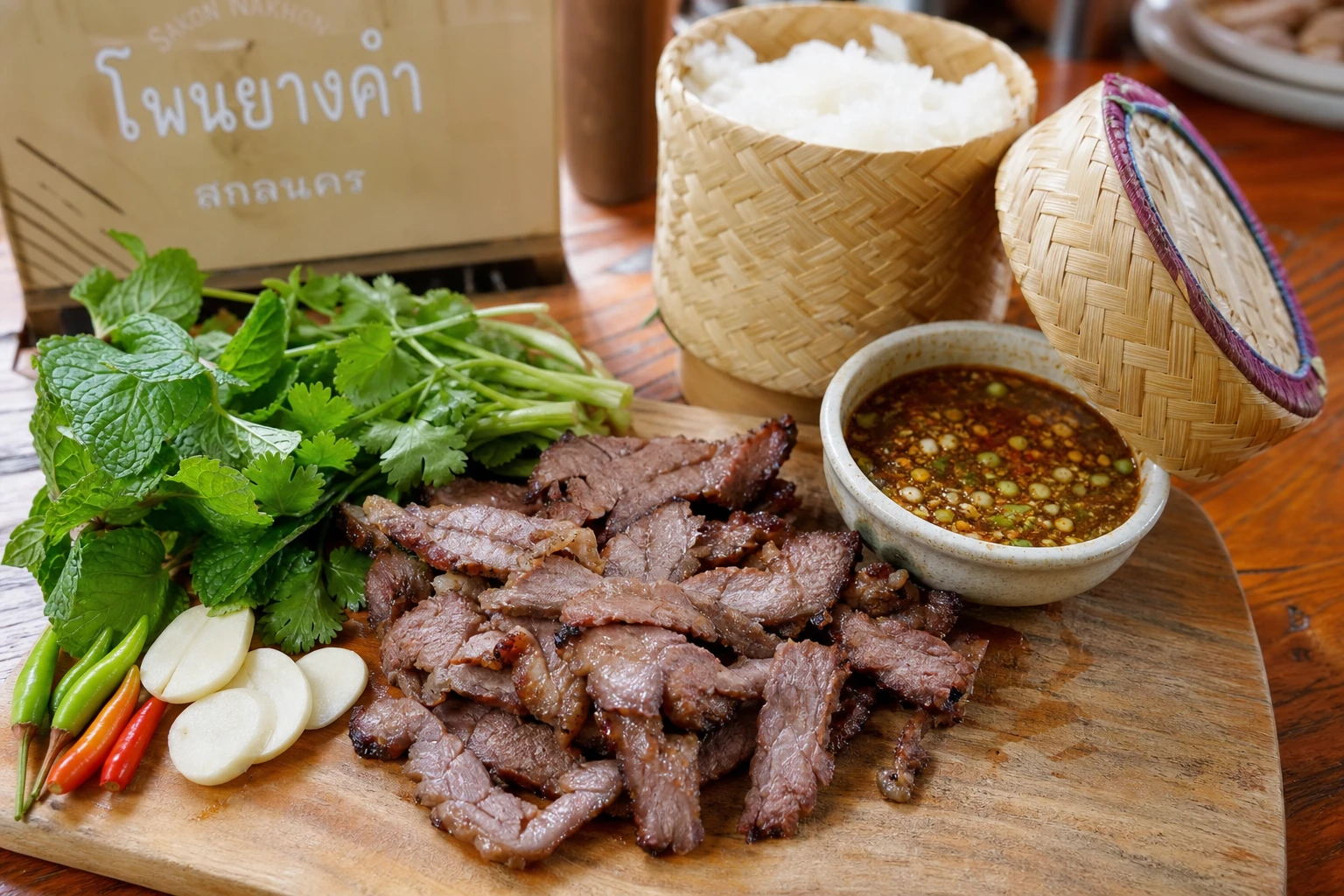 Sliced grilled Phon Yang Kham beef with herbs on a wooden board.