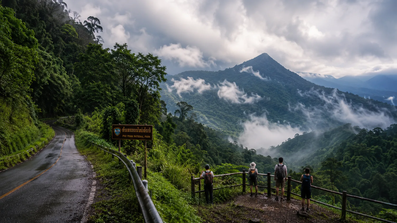 Hikers looking across Phu Phan National Park from a mountain viewpoint.